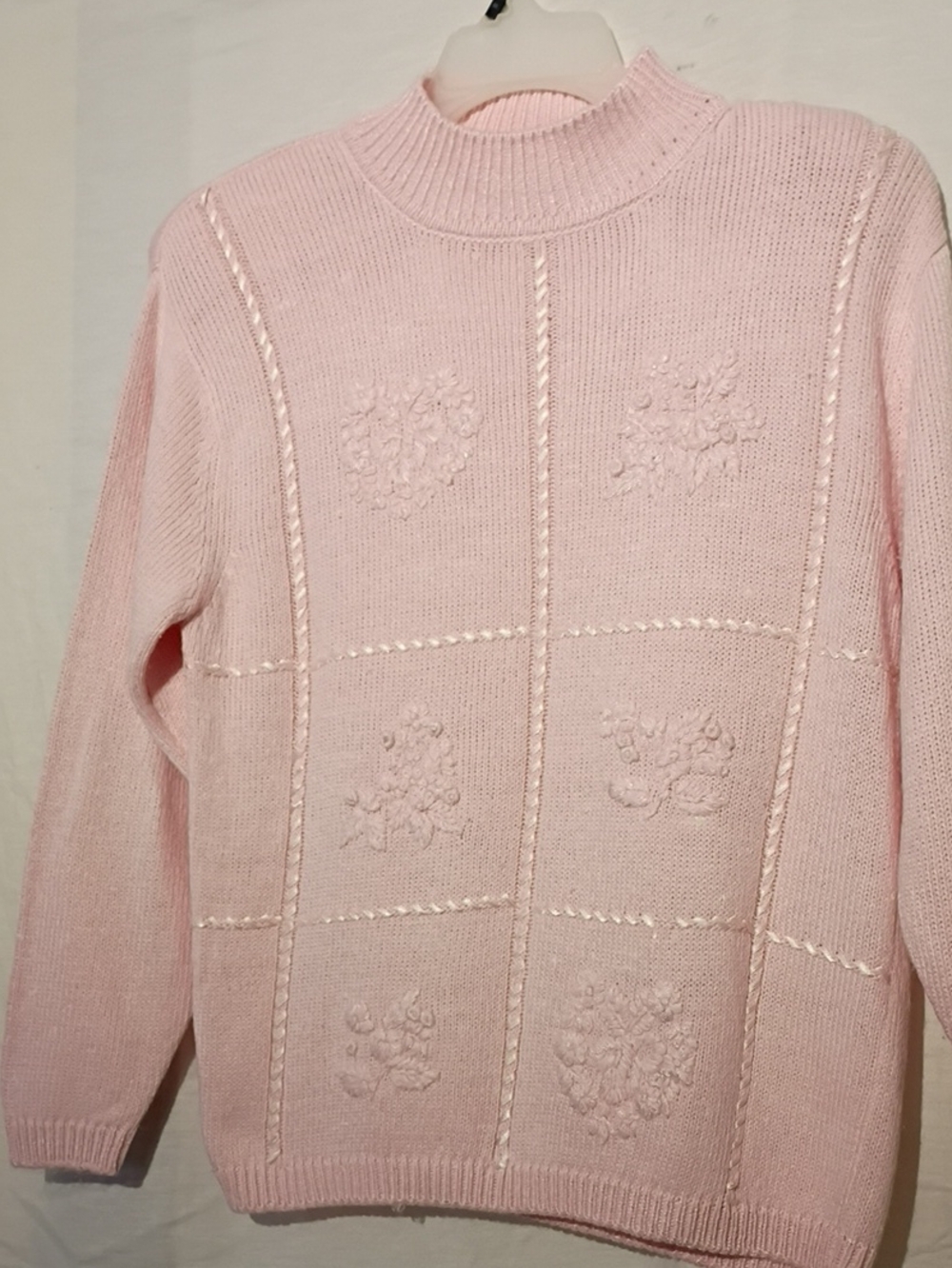 Vintage Soft Pink Floral Embroidered Turtleneck Sweater, Sz 6, NWOT